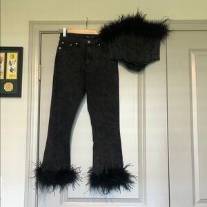 Nasty Gal Black Feather Trim Flare Set